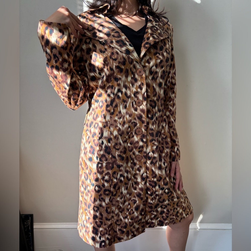 Y2K Retro Leopard Animal Print Midi Streetwear Trench Indie Coat - Size Medium - Picture 2 of 12